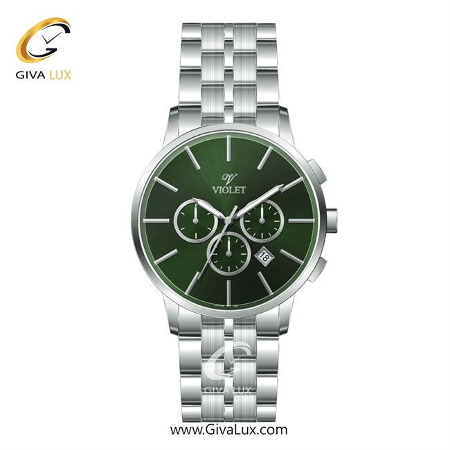 ساعت مچی اورجینال مردانه ویولت VIOLET سه موتوره کرنوگراف نقره ای | نقره ای| سبز یشمی تیره| کد رفرنس 0595